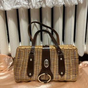 Tan Wicker Handbag with genuine leather / metal buckle detailing
